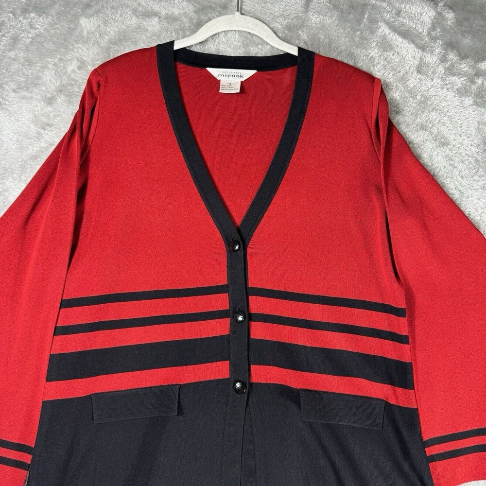 Exclusively Misook Small Red Black Stripe Long Sleeve‎ Cardigan Sweater Office
